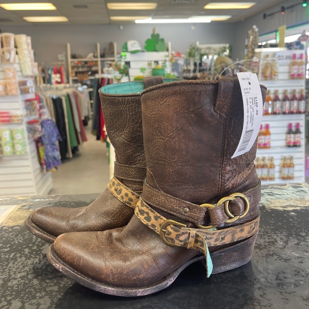 Corral Distressed Brown Boots with Leopard Accent